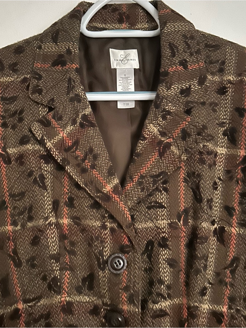 Emma James Women’s Brown Plaid Blazer with Rust Accents Size 8 Wool Blend